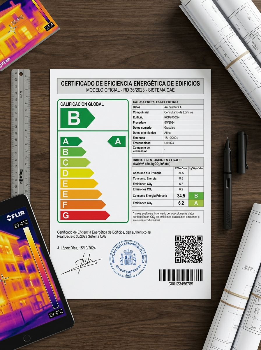Certificado Oficial de Eficiencia Energética de Edificios y Sistema CAE RD 36/2023 sobre mesa técnica de arquitecto